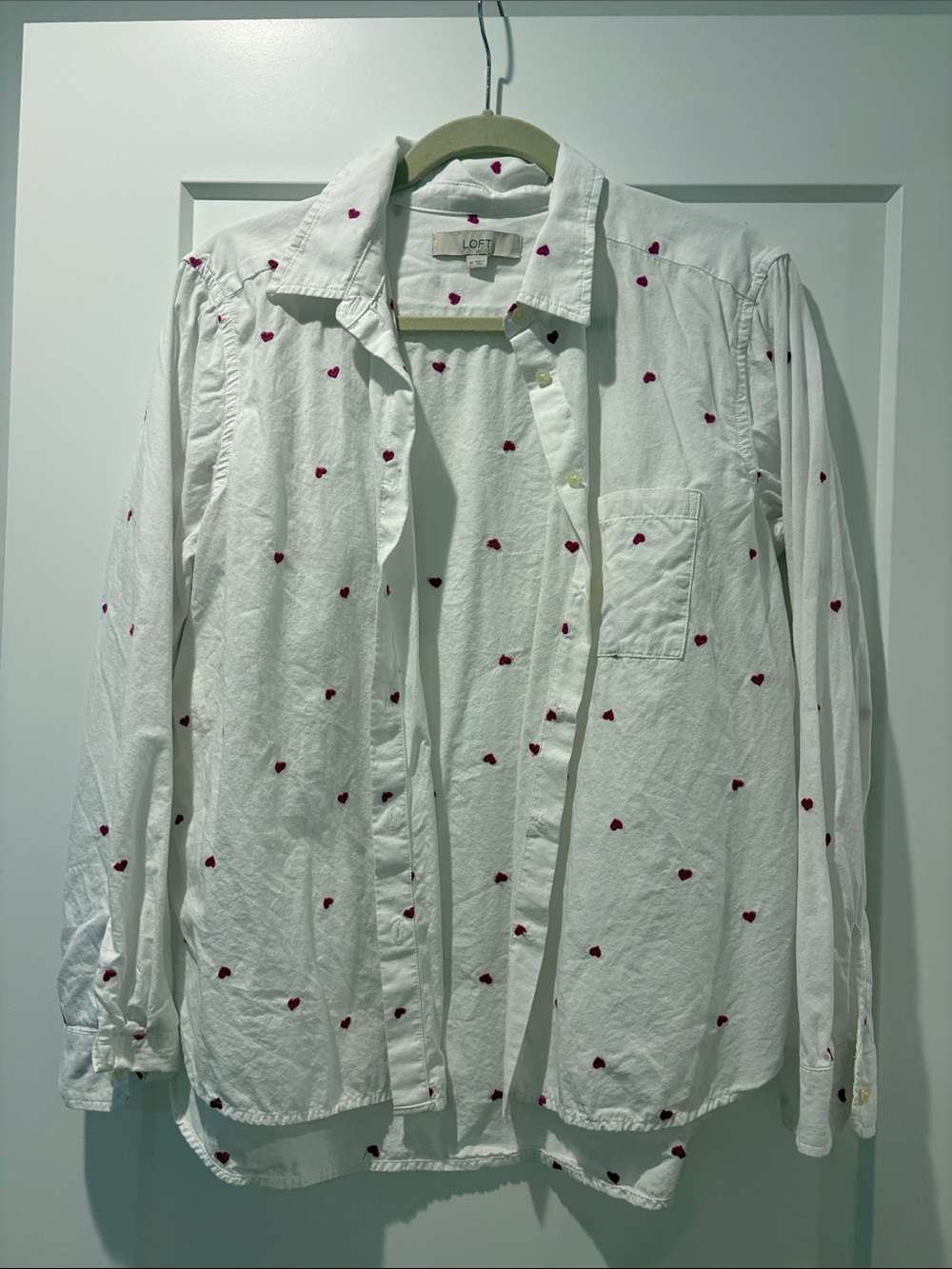 LOFT White Button-Up Shirt with Red Heart Embroidery